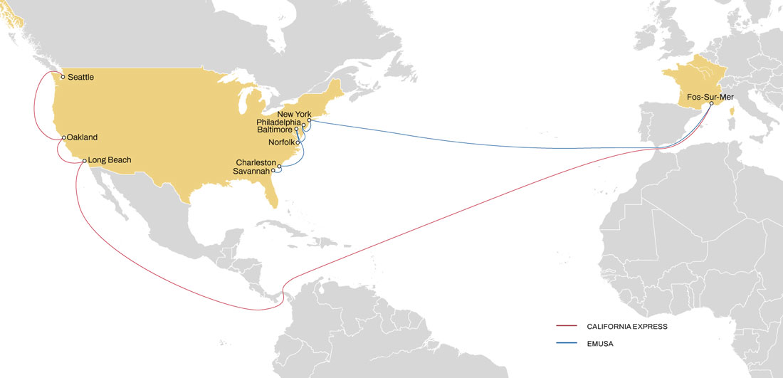 Map illustration of our South France to USA routes